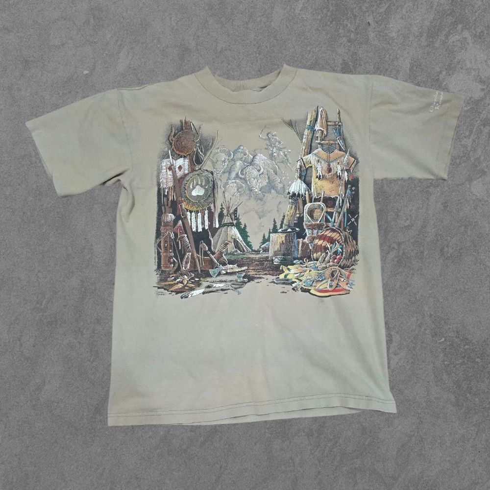 Vintage Native American All Over Print Shirt M Buffalo AOP Single Stitch